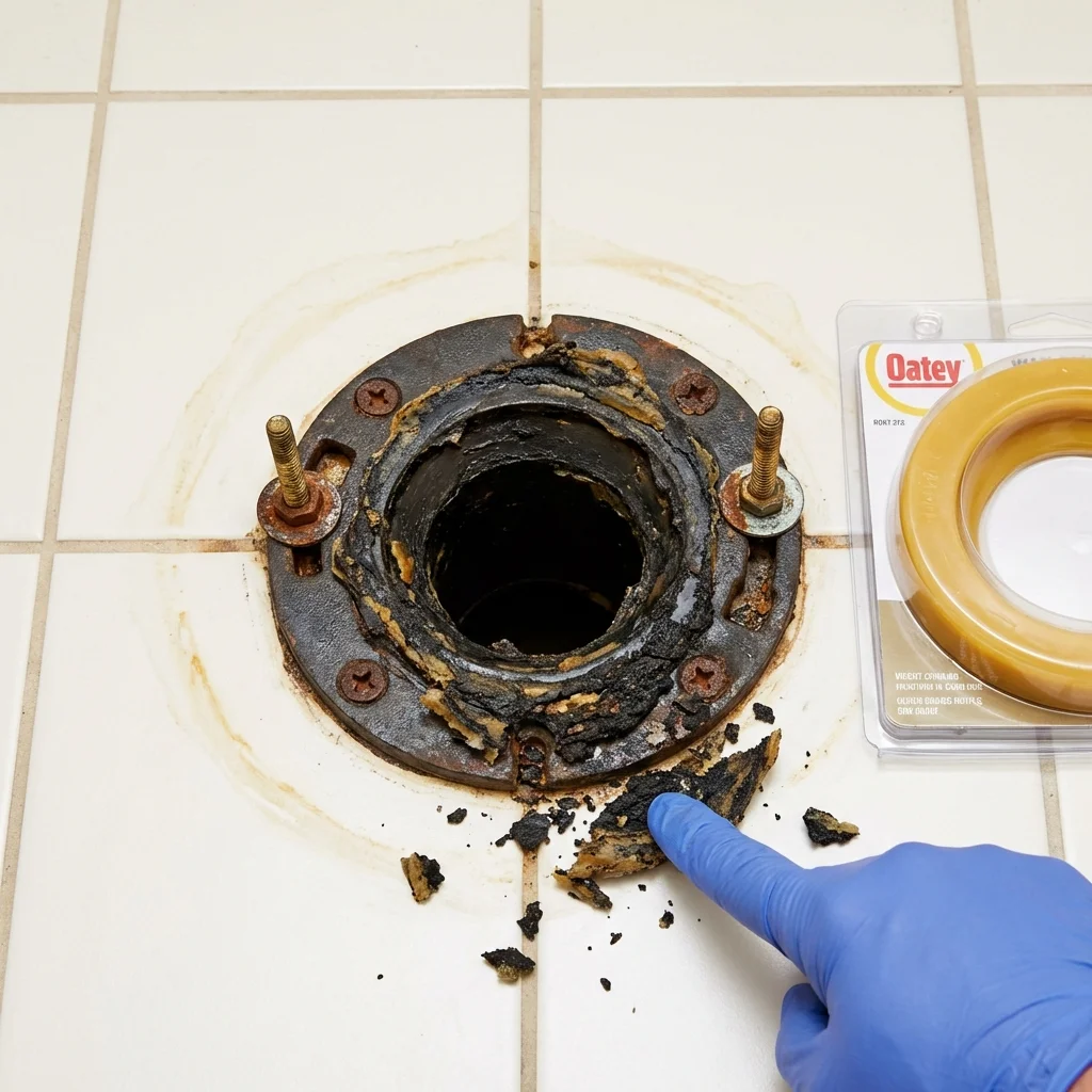 Failed wax ring showing water seepage at the base of a toilet in a Mechanicsburg, OH home