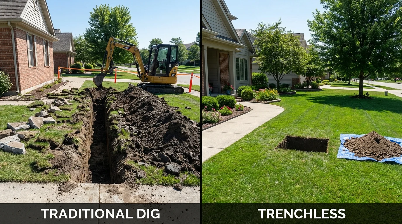 Trenchless sewer repair with minimal yard damage versus traditional excavation in Mechanicsburg, OH
