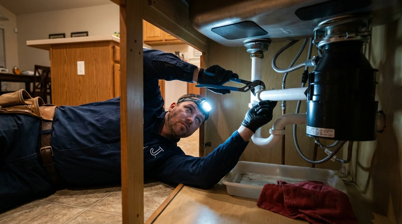 P-trap and supply line connections under a kitchen sink showing a common leak point in Mechanicsburg, OH